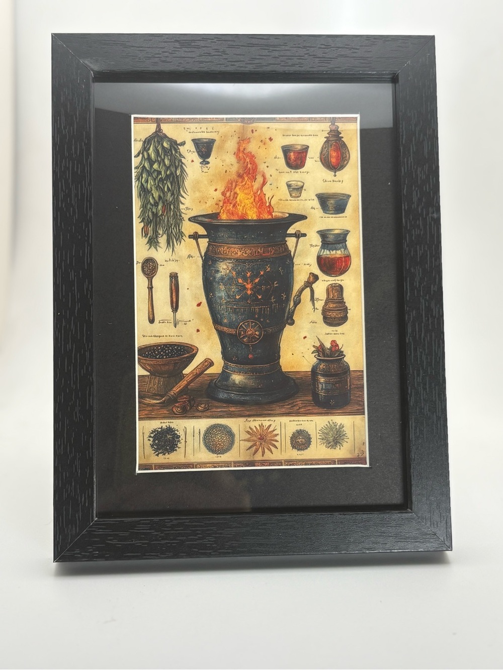 Vintage Apothecary Illustration in Black Wood Frame - Fire Urn Artwork